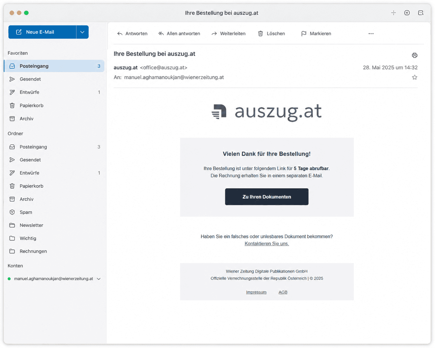 Screenshot E-Mail mit Download-Link in E-Mail Programm
