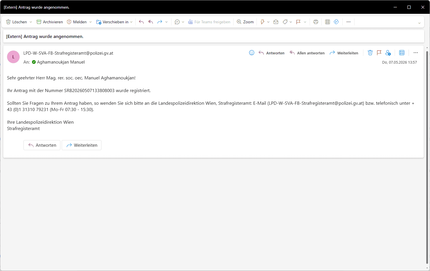 Bestätigungsmail nach erfolgreicher Beantragung der Strafregisterbescheinigung mit Registrierungsnummer des Antrags