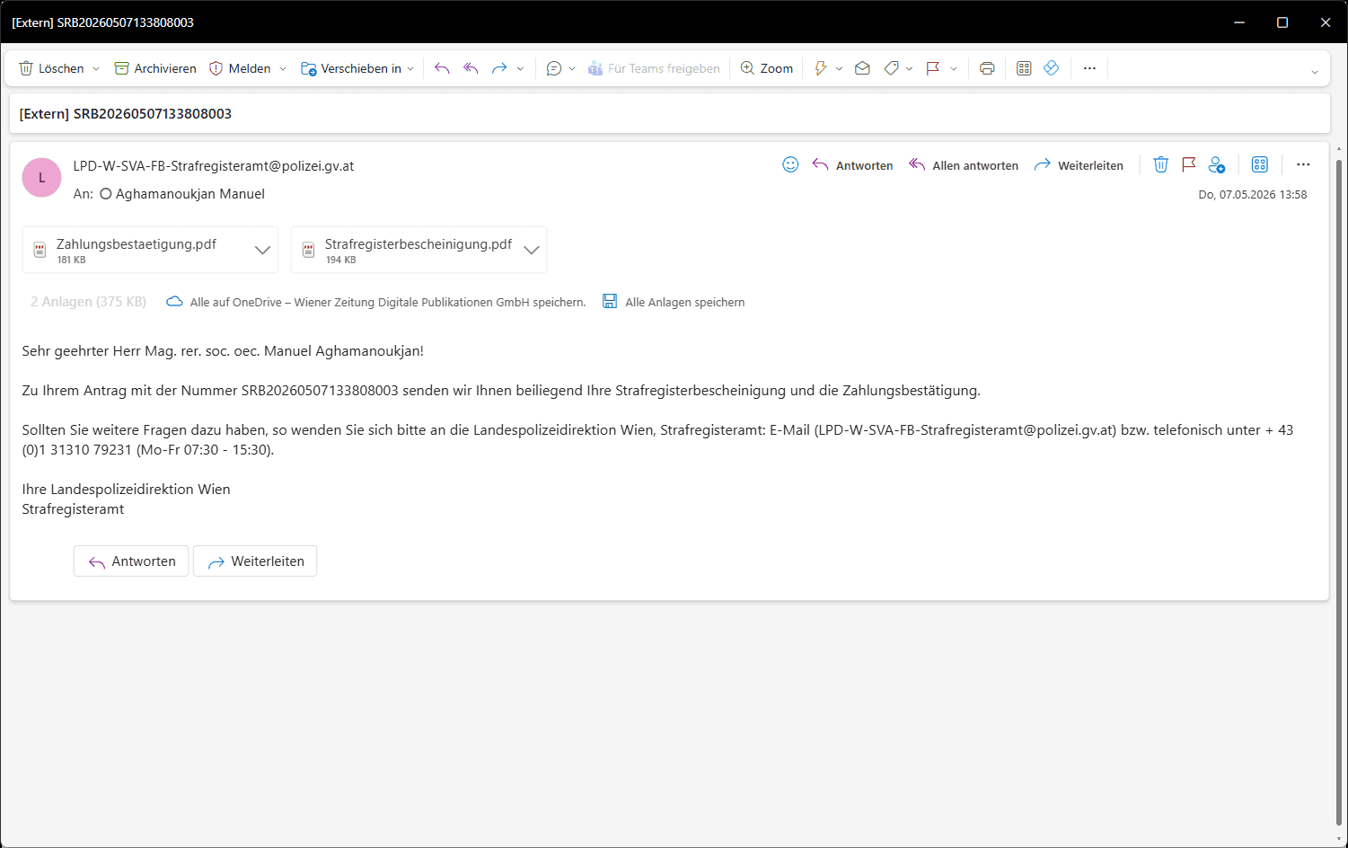 E-Mail mit amtssignierter Strafregisterbescheinigung und Zahlungsbestätigung als PDF-Anhang