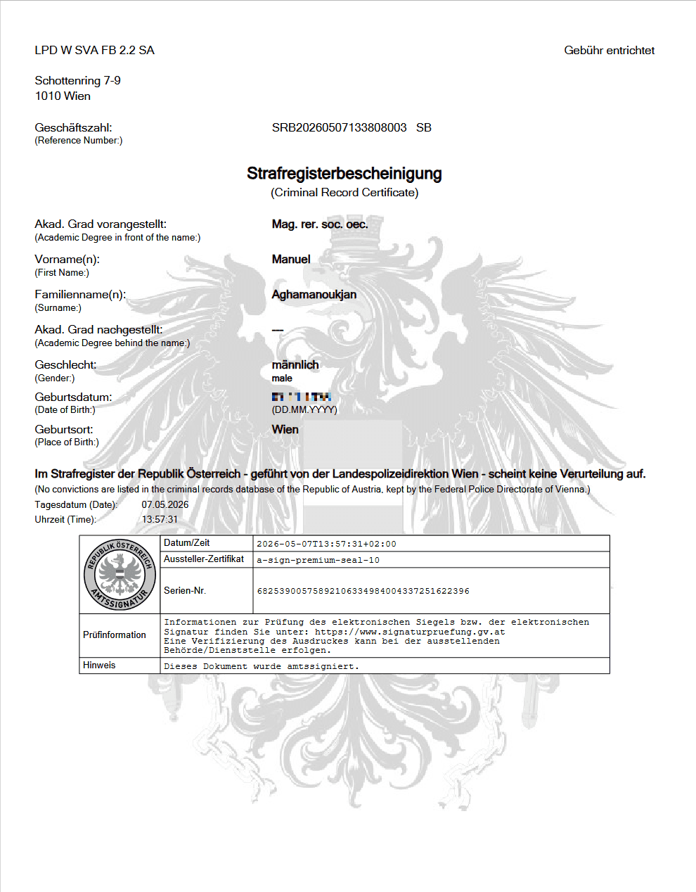 Amtssignierte Strafregisterbescheinigung als PDF-Dokument mit sichtbarer elektronischer Amtssignatur