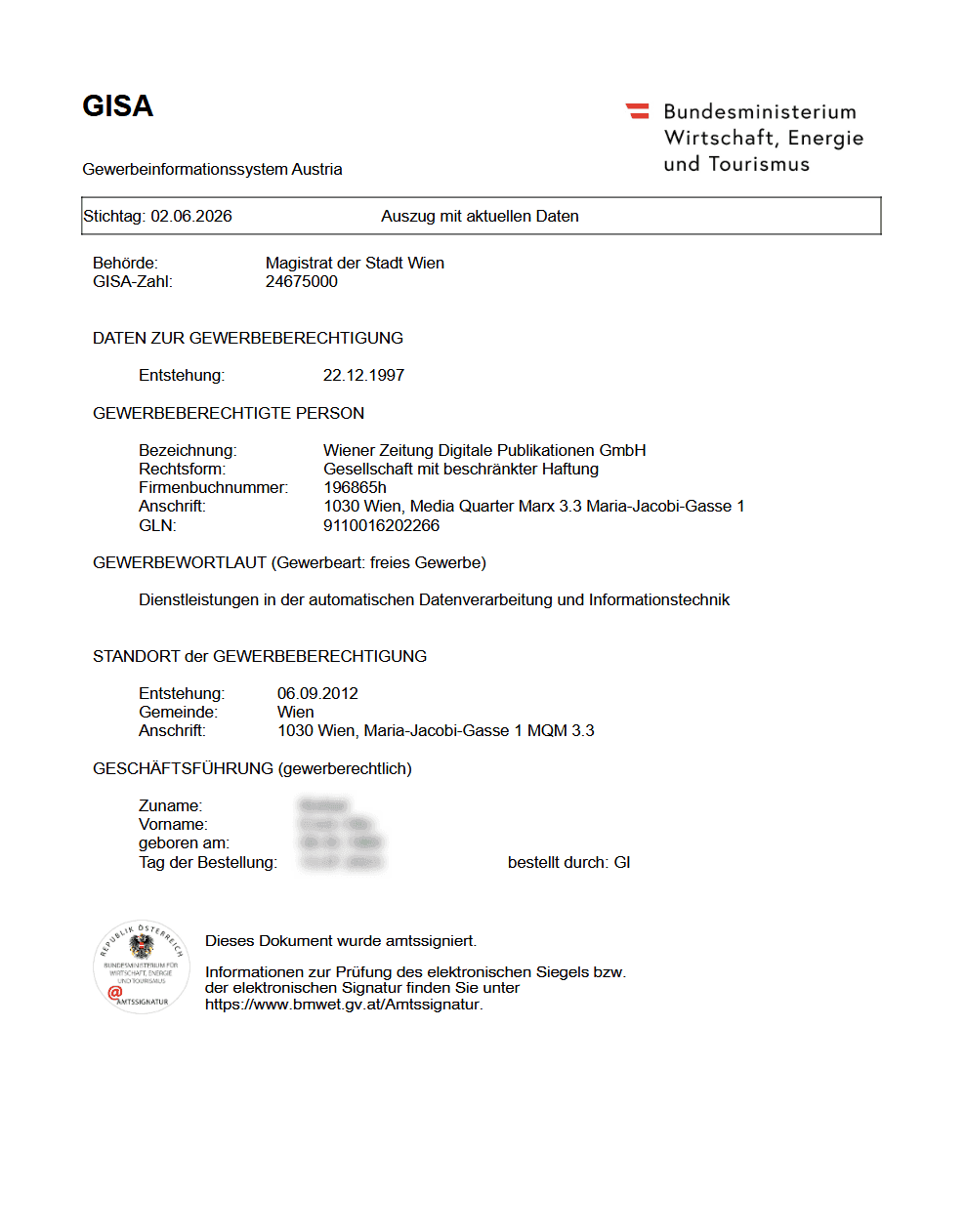 Beispiel eines amtssignierten GISA-Auszuges mit Stichtag, Unternehmensdaten und Gewerbewortlaut