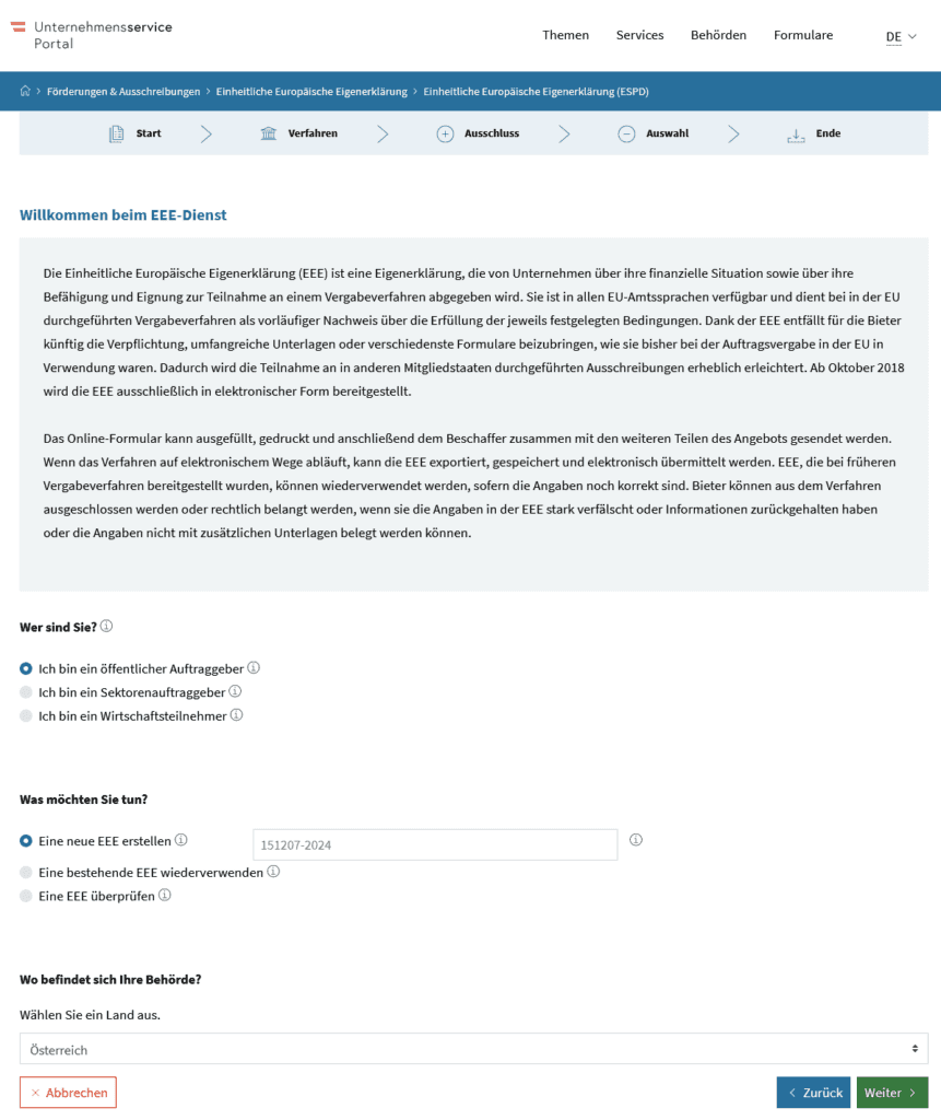 Screenshot: Start der Erstellung einer EEE mit Hilfe des ESPD Dienst von usp.gv.at