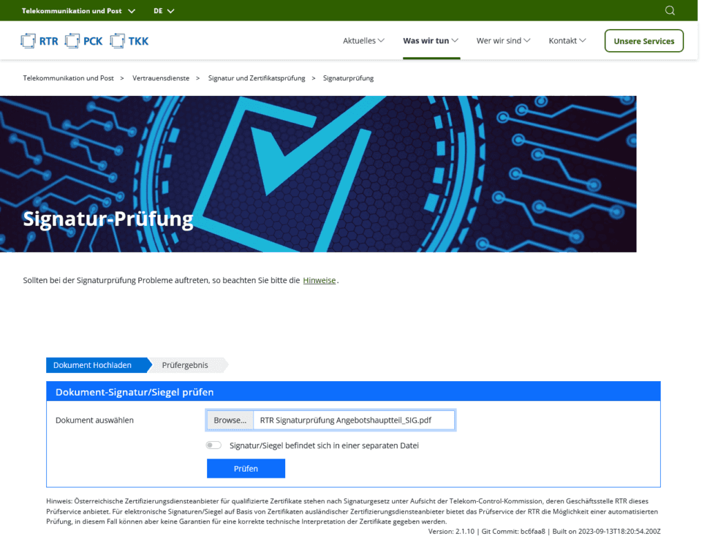 Screenshot: RTR Signaturprüfung Upload eines zu prüfenden Dokuments