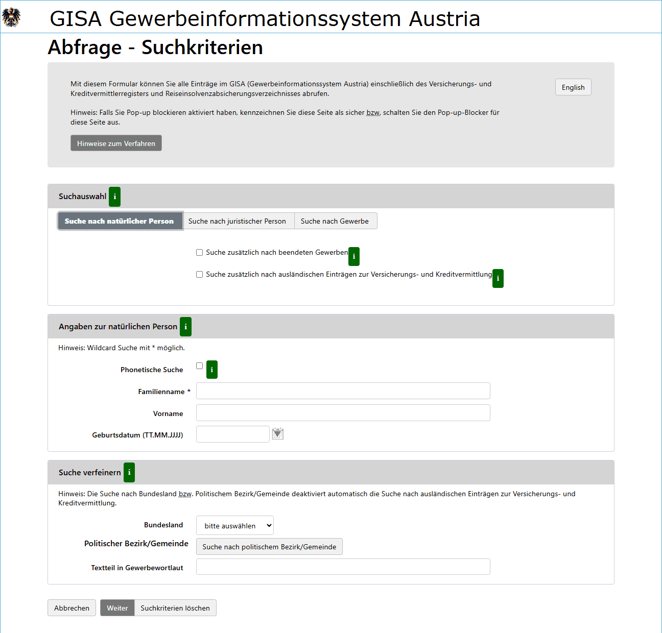 Startseite der GISA-Abfrage mit Suchauswahl nach natürlicher Person, juristischer Person oder Gewerbe