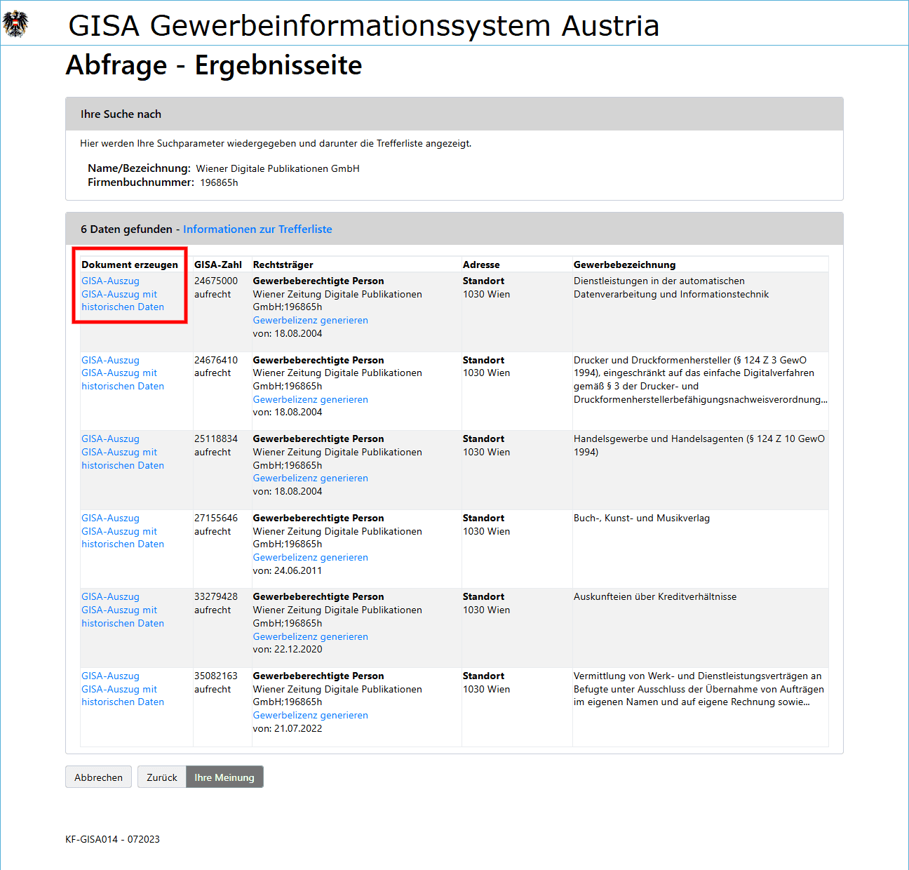 Ergebnisseite der GISA-Abfrage mit mehreren Treffern und Link zum Erzeugen eines GISA-Auszuges