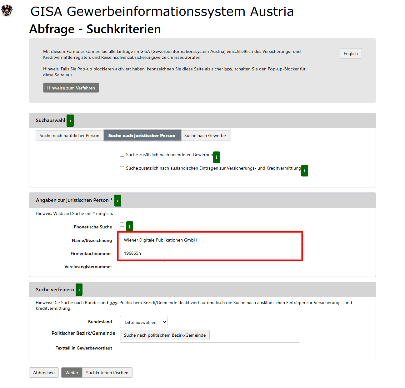 GISA-Suchmaske für juristische Personen mit Eingabefeldern für Name bzw. Bezeichnung und Firmenbuchnummer