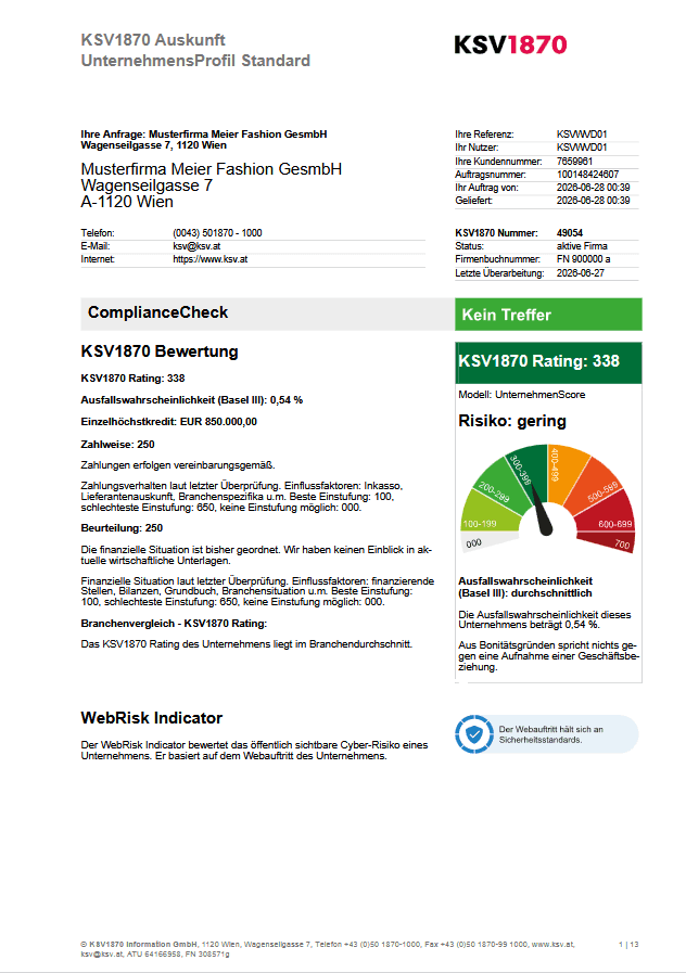 Erste Seite eines Muster-KSV-UnternehmensProfils Standard des KSV1870. Das PDF zeigt das KSV-Rating, die Ausfallwahrscheinlichkeit, die Bonitätsbewertung, den ComplianceCheck, den WebRisk Indicator sowie weitere Informationen zur wirtschaftlichen Leistungsfähigkeit eines Unternehmens