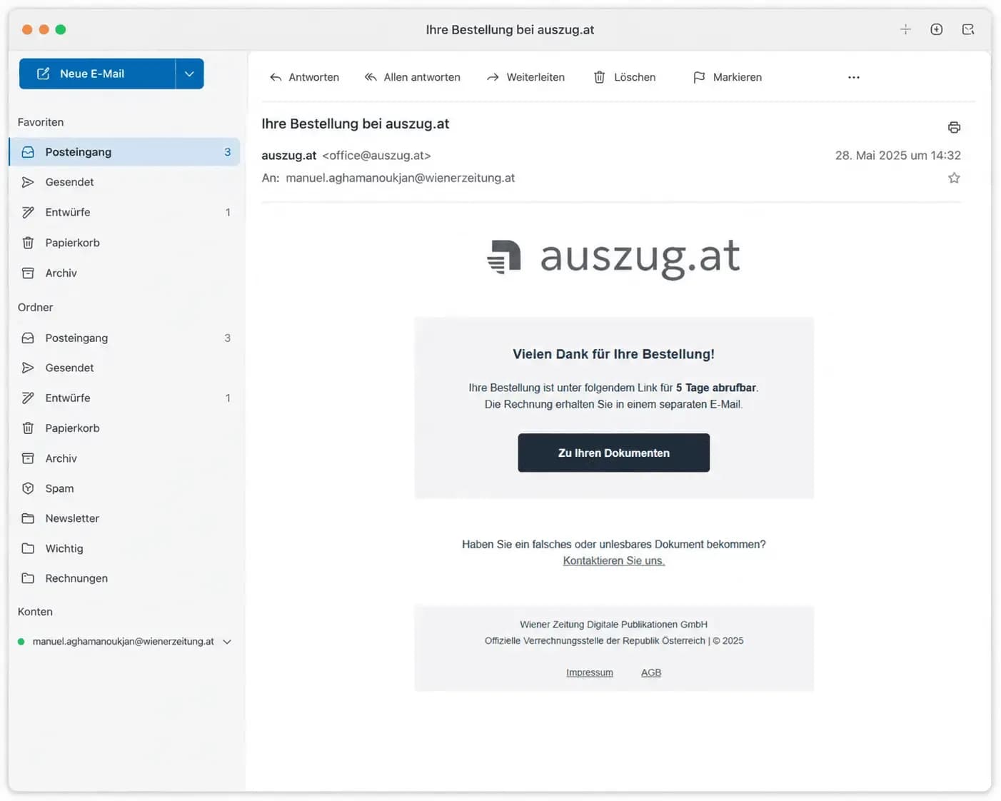 Screenshot der Bestätigungs-E-Mail von auszug.at nach erfolgreicher Bestellung eines KSV-UnternehmensProfils. Die E-Mail enthält einen Button „Zu Ihren Dokumenten“, über den das KSV-UnternehmensProfil innerhalb von fünf Tagen heruntergeladen werden kann.