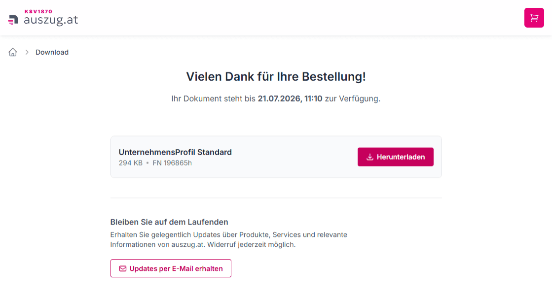 Screenshot der Download-Seite von auszug.at nach erfolgreicher Bestellung eines KSV-UnternehmensProfils. Das UnternehmensProfil Standard steht zum Herunterladen bereit und kann über den Button „Herunterladen“ direkt als PDF gespeichert werden.