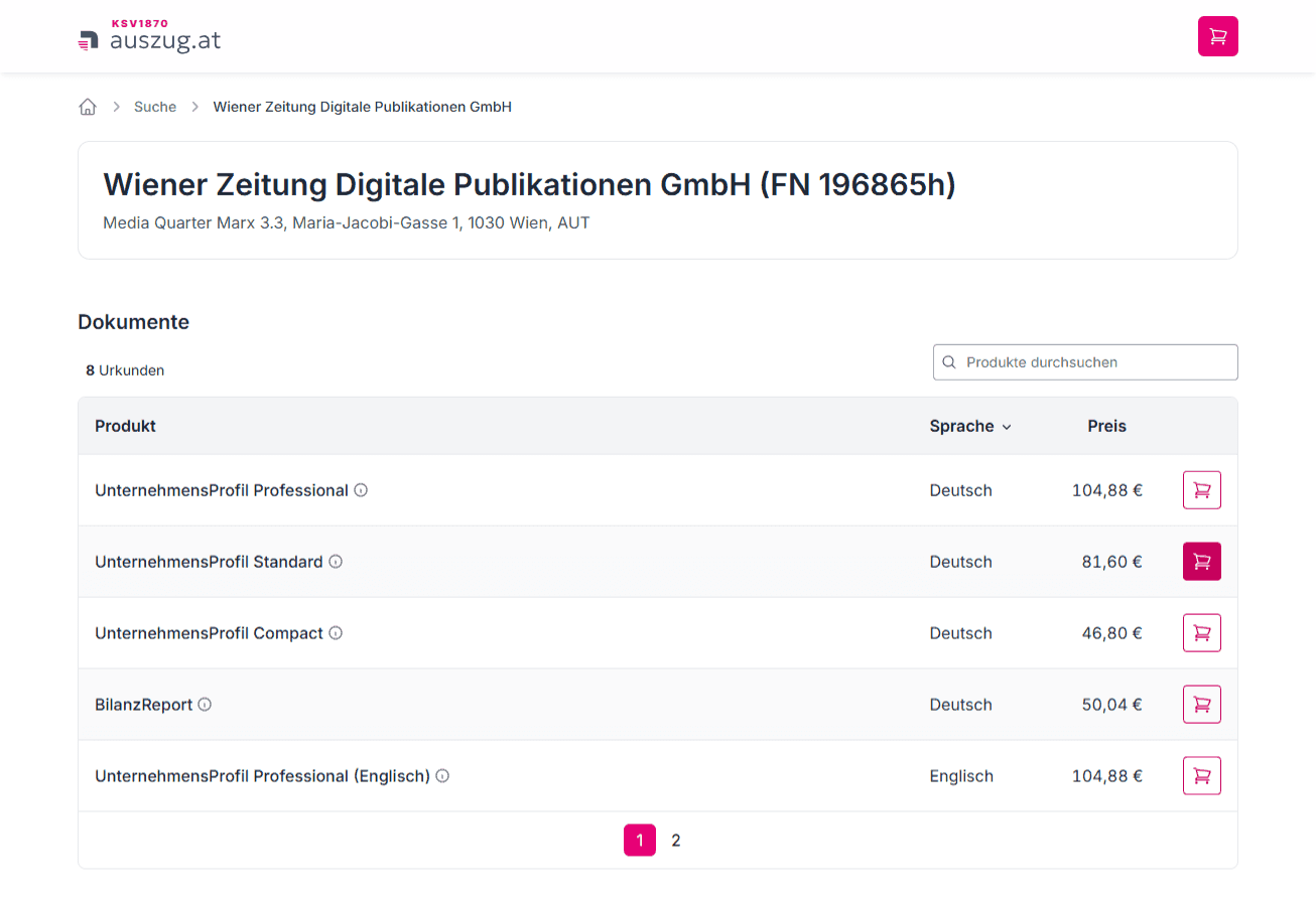 Screenshot der Produktübersicht auf ksv1870.auszug.at nach Auswahl eines Unternehmens. Angezeigt werden die verfügbaren KSV-UnternehmensProfile (Professional, Standard und Compact) sowie weitere Dokumente wie der BilanzReport mit den jeweiligen Preisen. Wählen Sie das für Ihre Ausschreibung geforderte Produkt aus und legen Sie es in den Warenkorb.