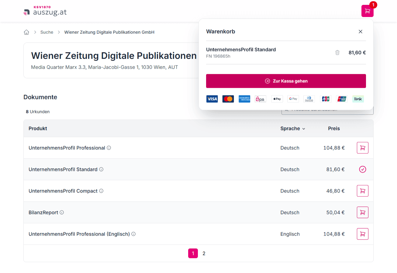 Screenshot des Warenkorbs auf ksv1870.auszug.at. Das ausgewählte KSV-UnternehmensProfil Standard befindet sich im Warenkorb. Über die Schaltfläche „Zur Kassa gehen“ gelangen Sie zum Bestellformular, um die Bestellung abzuschließen.
