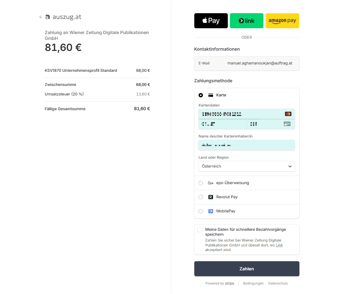 Screenshot des sicheren Stripe-Zahlungsformulars für die Bestellung eines KSV-UnternehmensProfils auf ksv1870.auszug.at. Angezeigt werden die Bestellübersicht mit Gesamtpreis sowie verschiedene Zahlungsmöglichkeiten wie Kreditkarte, Apple Pay, Link und Amazon Pay zum Abschluss der Bestellung.