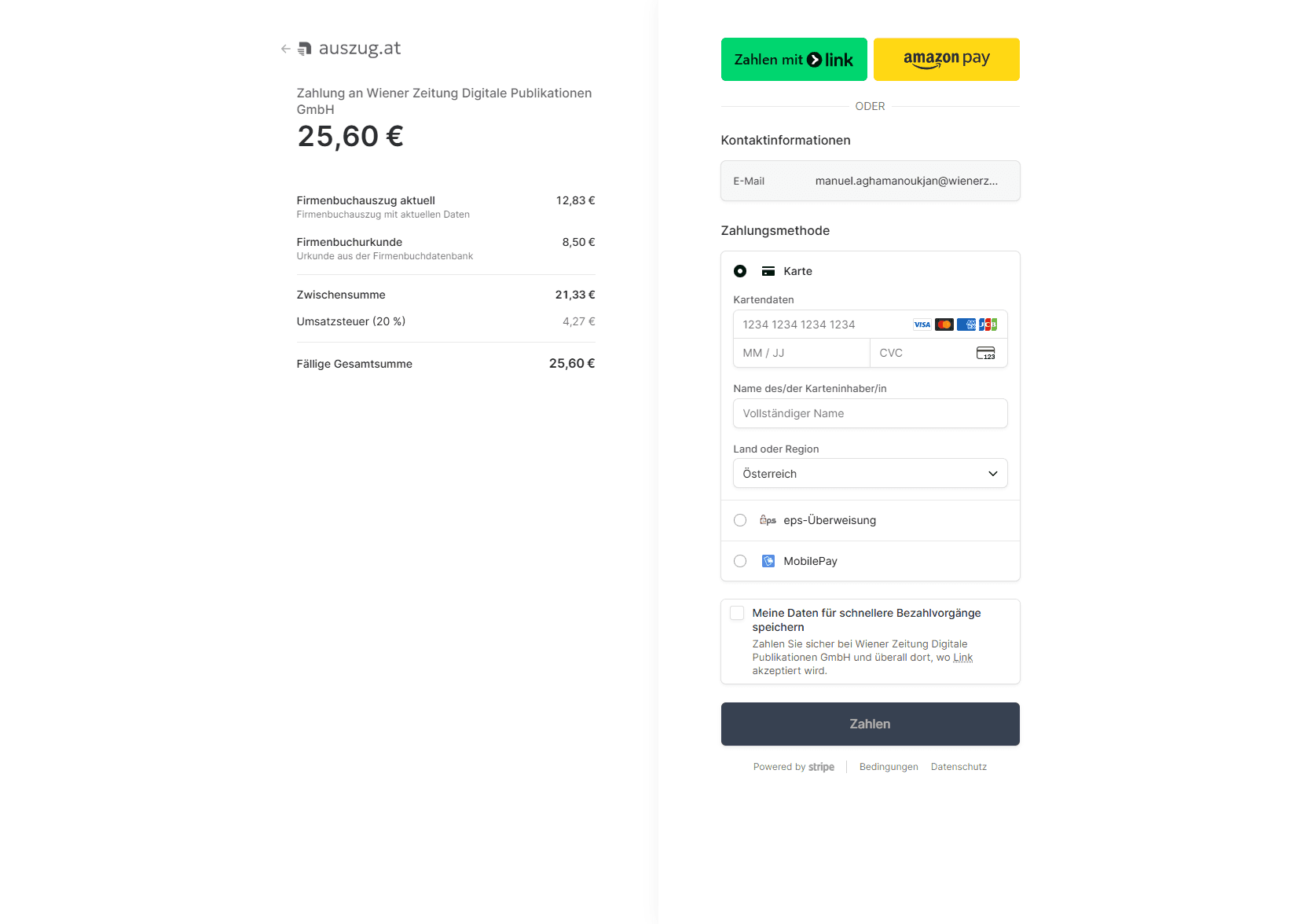 Screenshot Zahlungsseite mit Zahlungsmethoden