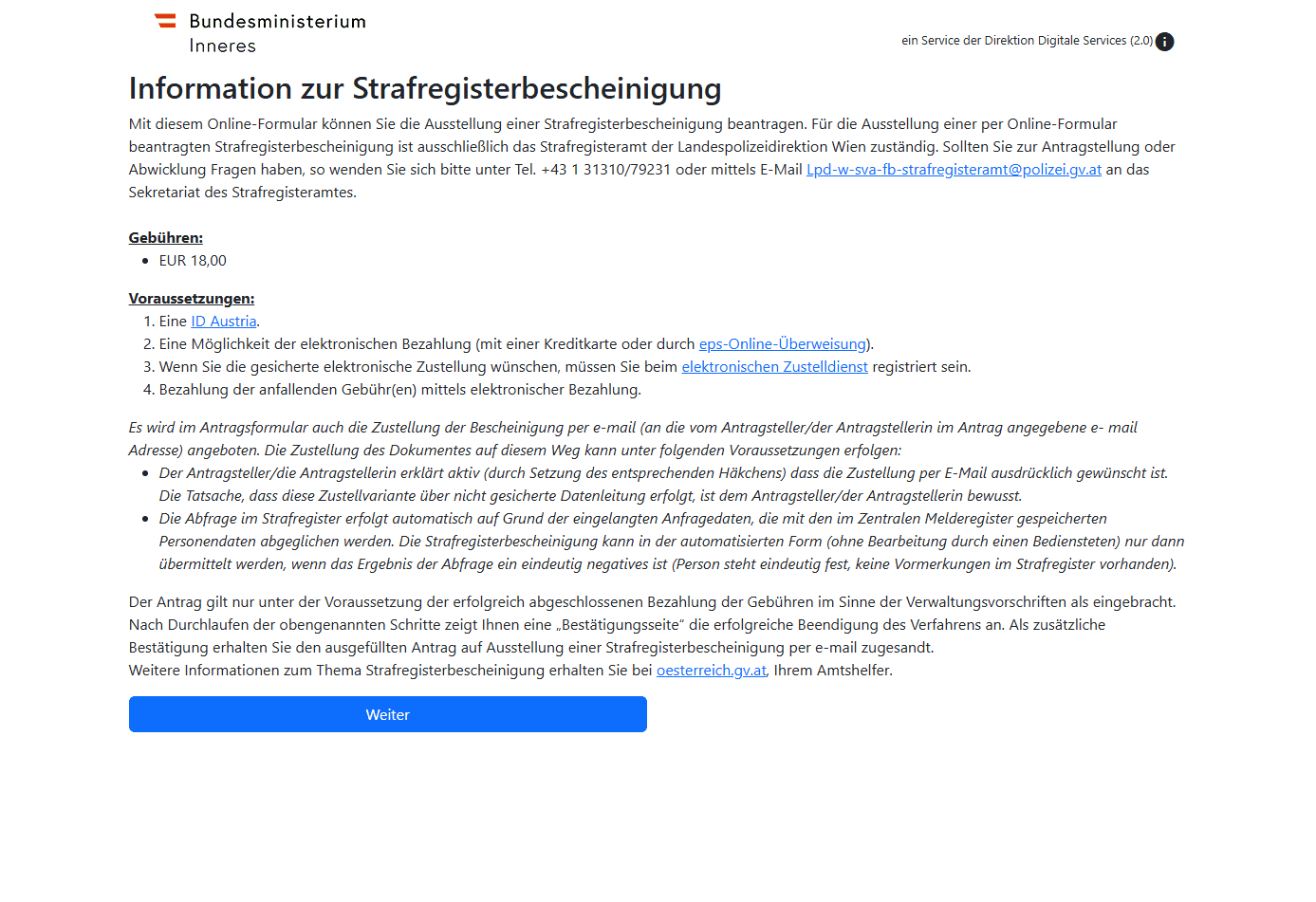 Startseite des Online-Antrags für die Strafregisterbescheinigung
