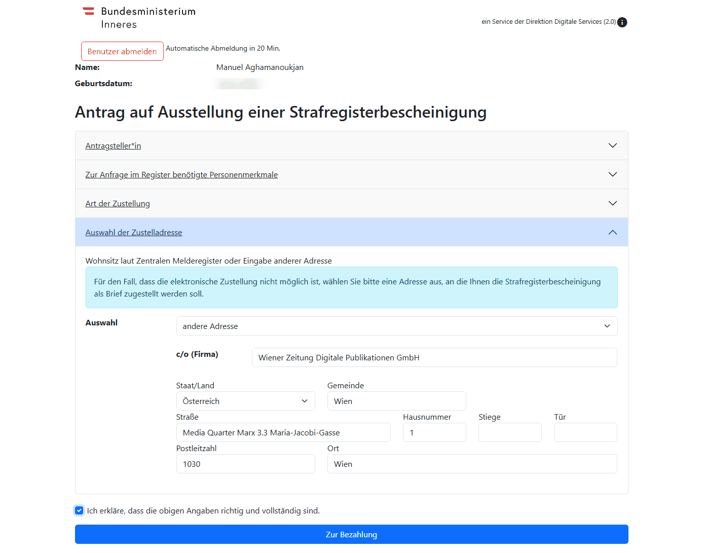 Formularbereich zur Auswahl der Zustelladresse im Online-Antrag der Strafregisterbescheinigung