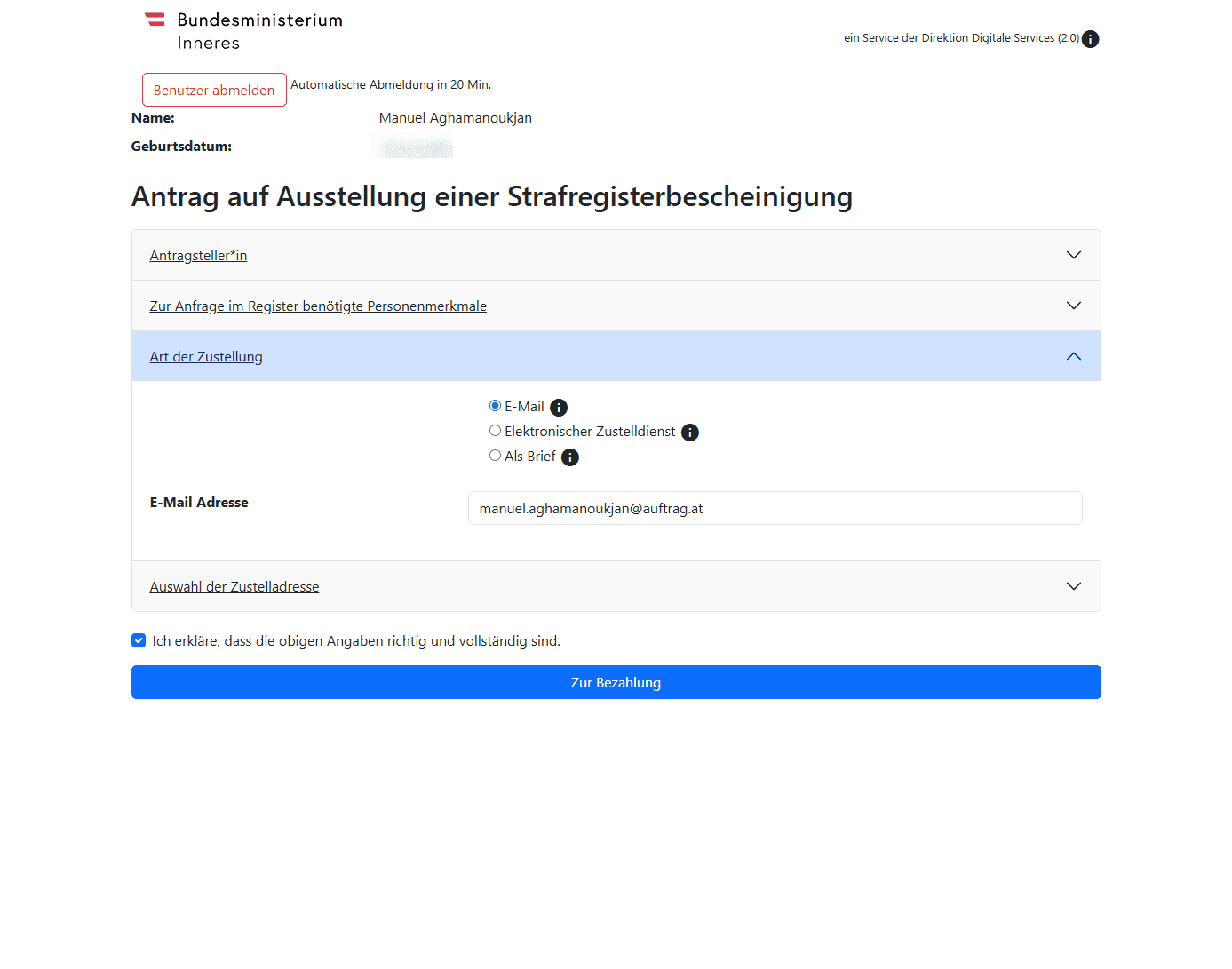 Auswahl der Zustellungsart im Online-Antrag der Strafregisterbescheinigung mit Option E-Mail, elektronischer Zustelldienst oder Brief