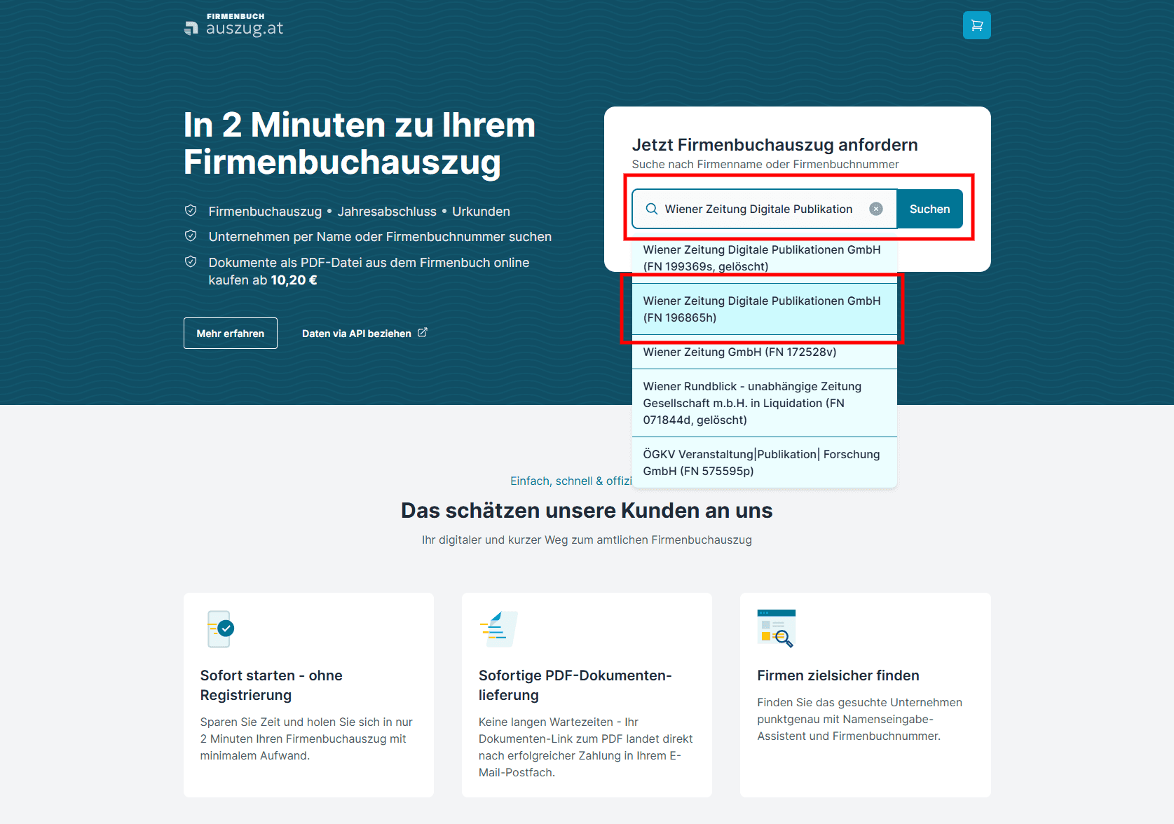 Screenshot Suche nach Unternehmen auf firmenbuch.auszug.at