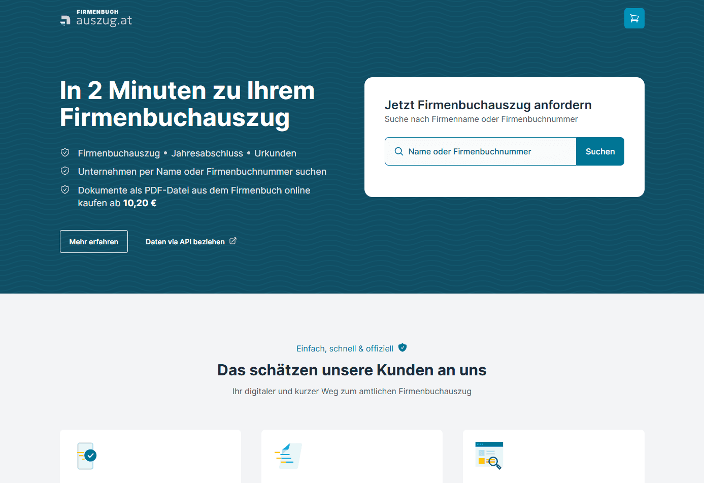 Screenshot von Startseite von firmenbuch.auszug.at mit Suchfeld