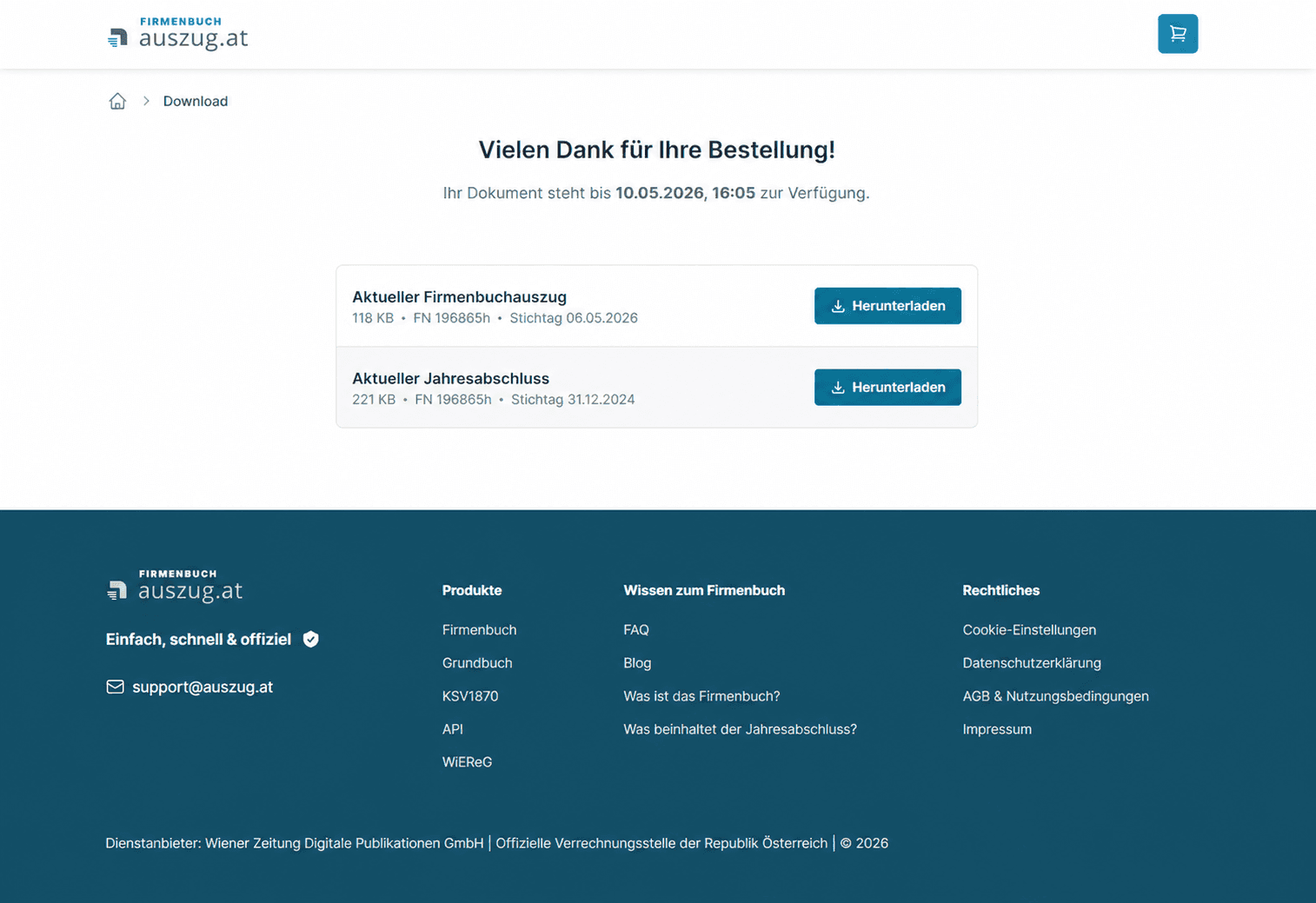 Screenshot Download Seite für amtssignierten Firmenbuchauszugs