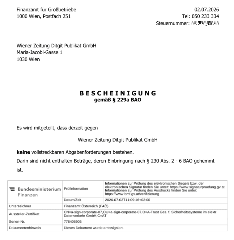 Amtssignierte Bescheinigung gemäß § 229a BAO mit Hinweis, dass keine vollstreckbaren Abgabenforderungen bestehen, und Prüfinformation zur elektronischen Signatur