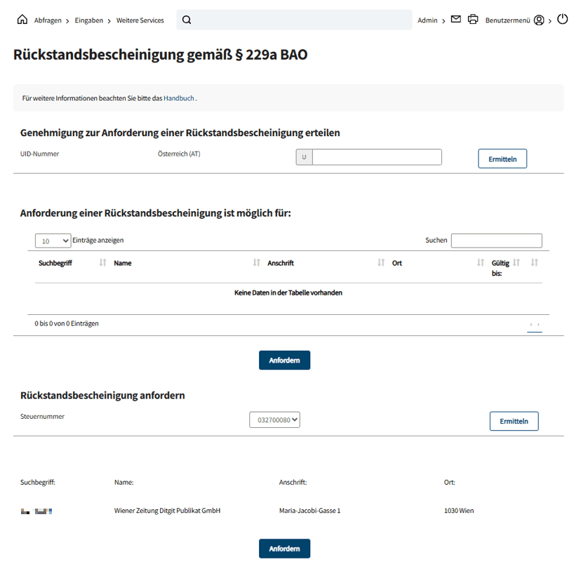 FinanzOnline-Seite „Rückstandsbescheinigung gemäß § 229a BAO“ mit den Bereichen „Genehmigung zur Anforderung einer Rückstandsbescheinigung erteilen“, „Anforderung einer Rückstandsbescheinigung ist möglich für:“ und „Rückstandsbescheinigung anfordern“