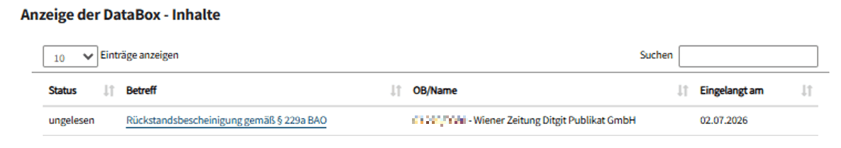 FinanzOnline-Bereich „Nachrichten - Inhalt“ mit Tabelle „Anzeige der DataBox - Inhalte“ und dem Betreff „Rückstandsbescheinigung gemäß § 229a BAO“