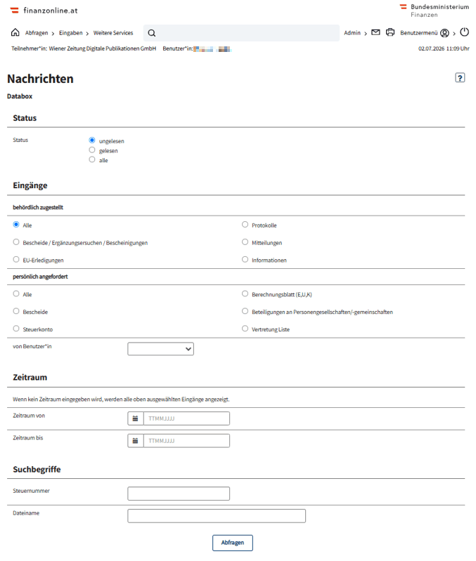 FinanzOnline-Seite „Nachrichten“ mit dem Bereich „Databox“, der Rubrik „behördlich zugestellt“ und dem Punkt „Bescheide / Ergänzungsersuchen / Bescheinigungen“