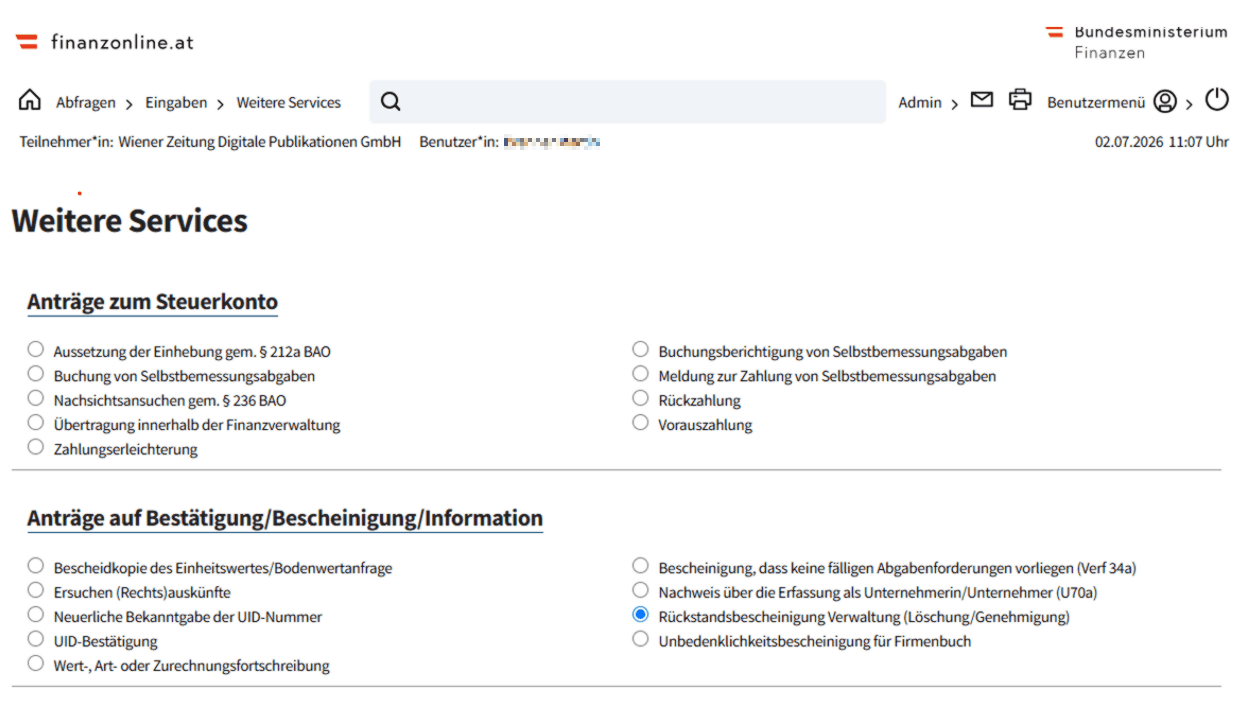 FinanzOnline-Seite „Weitere Services“ mit dem Bereich „Anträge auf Bestätigung/Bescheinigung/Information“ und der Auswahl „Rückstandsbescheinigung Verwaltung (Löschung/Genehmigung)“