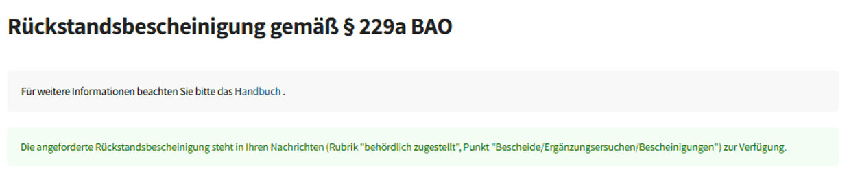 FinanzOnline-Bestätigung auf der Seite „Rückstandsbescheinigung gemäß § 229a BAO“ mit dem Hinweis, dass die Bescheinigung in den Nachrichten verfügbar ist