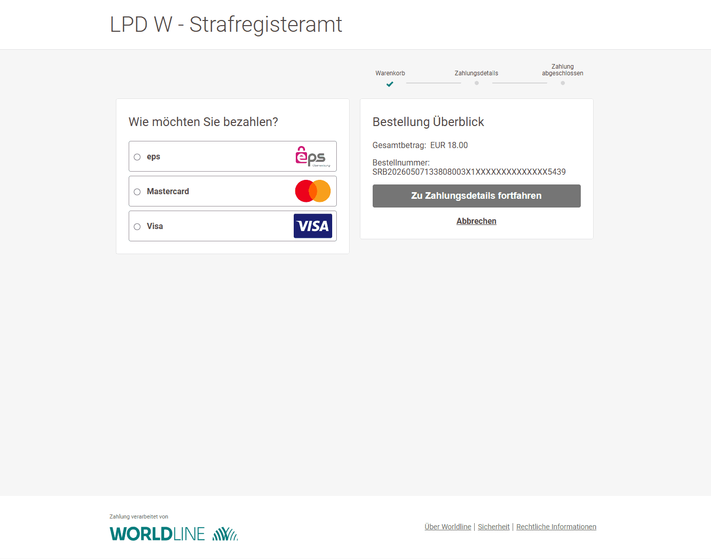 Zahlungsseite für die Online-Beantragung der Strafregisterbescheinigung mit Auswahl verschiedener Zahlungsmethoden