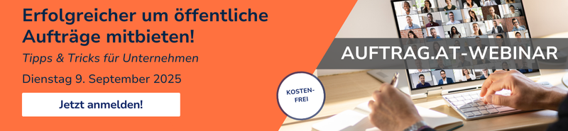 Banner zum kostenlosen auftrag.at-Webinar „Erfolgreicher um öffentliche Aufträge mitbieten“ am 9. September 2025 mit Bild eines Laptops, auf dem eine große Videokonferenz mit vielen Teilnehmenden zu sehen ist.
