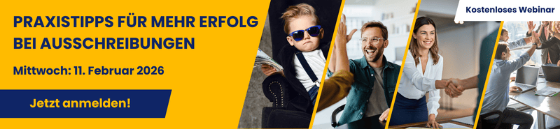 Banner zum kostenlosen auftrag.at-Webinar „Praxistipps für mehr Erfolg bei Ausschreibungen“ am 11. Februar 2026 mit Bildern eines selbstbewussten Kindes im Anzug, erfolgreicher Geschäftspersonen und einer Handschlag-Szene.