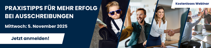 Werbebanner für ein kostenloses Webinar am 5. November 2025 mit dem Titel: „Praxistipps für mehr Erfolg bei Ausschreibungen “. Call-to-Action: „Jetzt anmelden!“