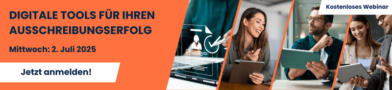 Banner zum kostenlosen auftrag.at-Webinar „Digitale Tools für Ihren Ausschreibungserfolg“ mit Datum 2. Juli 2025 und Bildern von Menschen bei der Arbeit mit Tablets und Laptops.