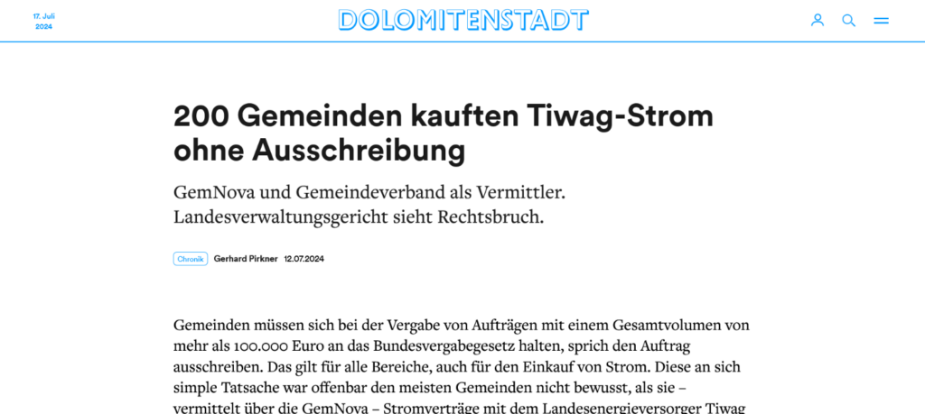 Screenshot des Artikels von Dolomitenstadt mit dem Titel "200 Gemeinden kauften Tiwag-Strom ohne Ausschreibung." Der Untertitel lautet "GemNova und Gemeindeverband als Vermittler. Landesverwaltungsgericht sieht Rechtsbruch." Der Artikel wurde von Gerhard Pirkner am 12.07.2024 veröffentlicht.
