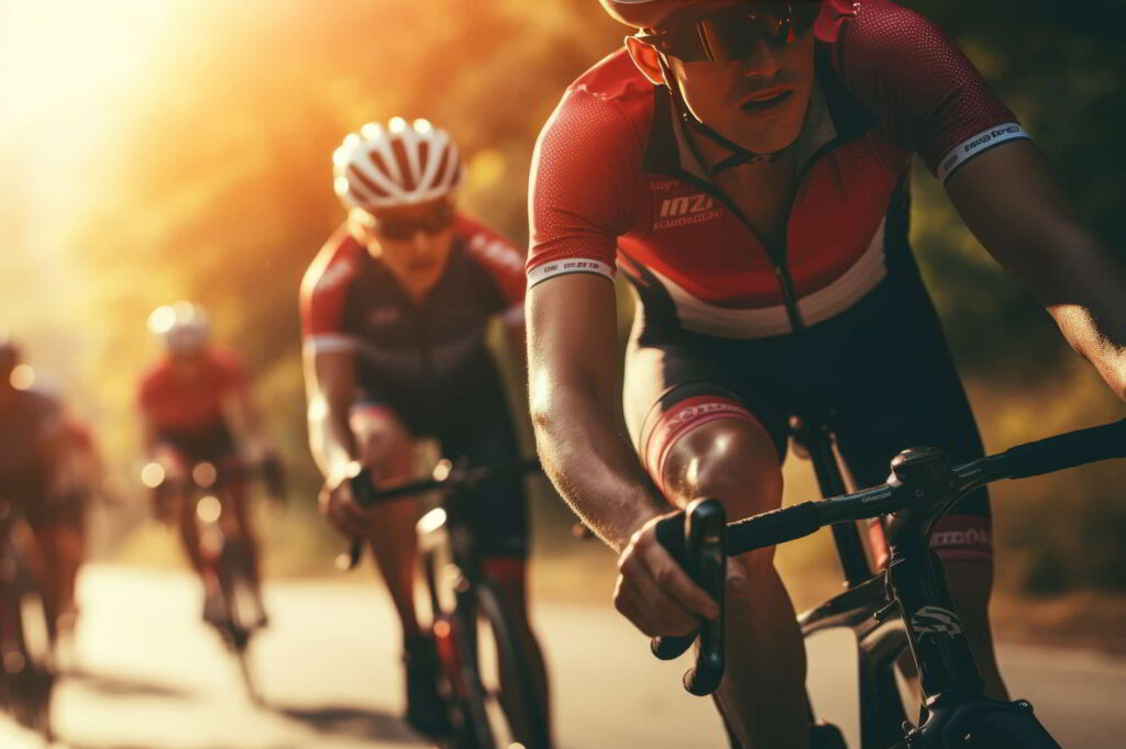 Gruppe von Radfahrer in enger Formation bei einem Rennen auf einer sonnigen Straße. Der Fokus liegt auf dem vorderen Fahrer, der konzentriert und entschlossen aussieht, während die anderen Fahrer unscharf im Hintergrund zu sehen sind. Die Szene vermittelt Dynamik und Teamarbeit.