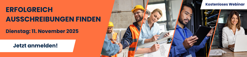 Werbebanner für ein kostenloses Webinar am 11. November 2025 mit dem Titel: „Erfolgreich Ausschreibungen finden“. Call-to-Action: „Jetzt anmelden!“