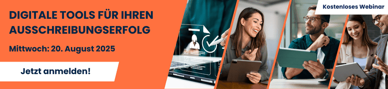 Banner zum kostenlosen auftrag.at-Webinar „Digitale Tools für Ihren Ausschreibungserfolg“ am 20. August 2025 mit Bildern von Menschen bei der digitalen Zusammenarbeit an Laptops und Tablets.