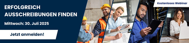 Banner zum kostenlosen auftrag.at-Webinar „Erfolgreich Ausschreibungen finden“ am 30. Juli 2025 mit Bildern von Bauarbeitern, Planerinnen und Menschen bei der digitalen Arbeit.