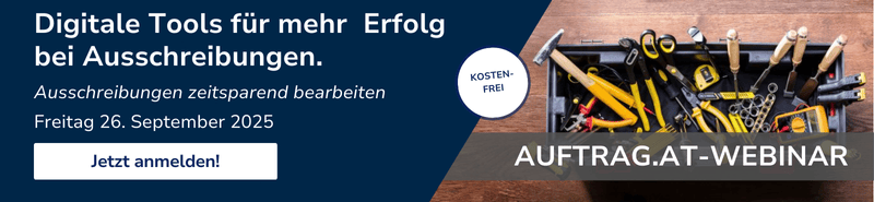 Banner zum kostenlosen auftrag.at-Webinar „Digitale Tools für mehr Erfolg bei Ausschreibungen“ am 26. September 2025 mit Bild eines Werkzeugsortiments in einer offenen Box.