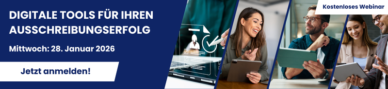 Werbebanner für kostenloses Webinar „Digitale Tools für Ihren Ausschreibungserfolg“ am Mittwoch, 28. Januar 2026. Links Call-to-Action „Jetzt anmelden!“, rechts Bildcollage mit Business-Szenen und digitalen Anwendungen.