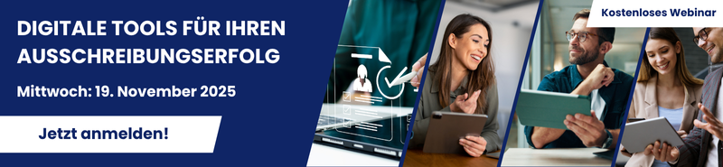 Werbebanner für ein kostenloses Webinar am 19. November 2025 mit dem Titel: „Digitale Tools für Ihren Ausschreibungserfolg“. Call-to-Action: „Jetzt anmelden!“