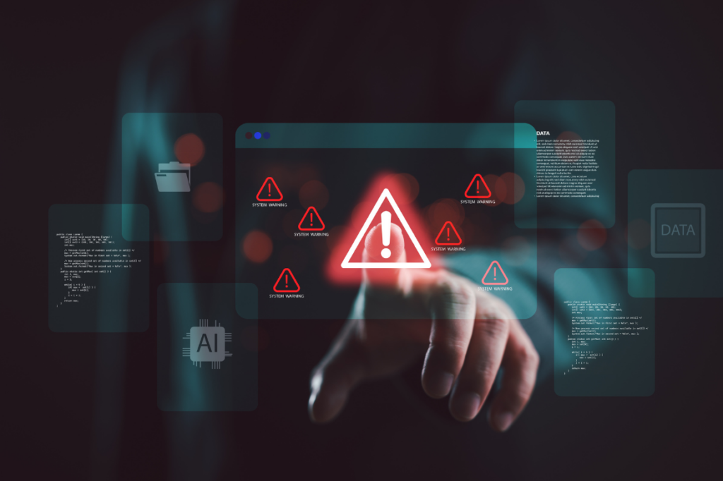 Digitale Benutzeroberfläche mit roten Warnsymbolen (Ausrufezeichen) und einem Finger, der ein Warnsignal antippt. Umgeben von Daten- und Codesymbolen.